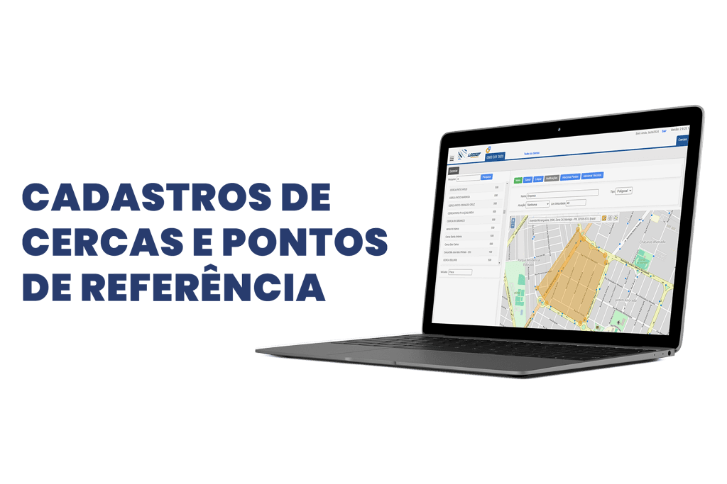 imagem com laptop a direita com a tela de cadastro de cerca e pontos de referencias e texto escrito cadastro de cercas e pontos de referências