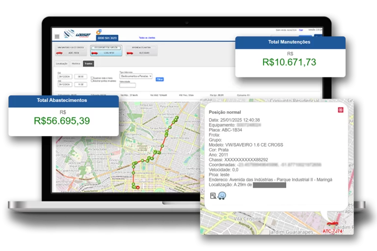 Tela de sistema de rastreamento veicular mostrando mapa com rota traçada e informações de gestão de frotas, incluindo total de abastecimentos e manutenções.